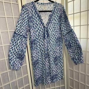 Lilly Pulitzer Fringe Pineapple Preppy Beach Puff Sleeve Designer Mini Dress Med